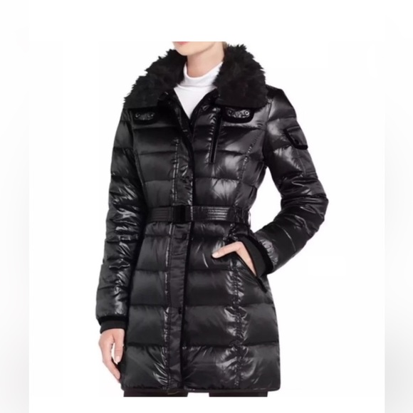 BCBGMaxazria Puffer Jacket with Faux Fur Collar. Silver Color. Women’s Size L - Picture 2 of 11